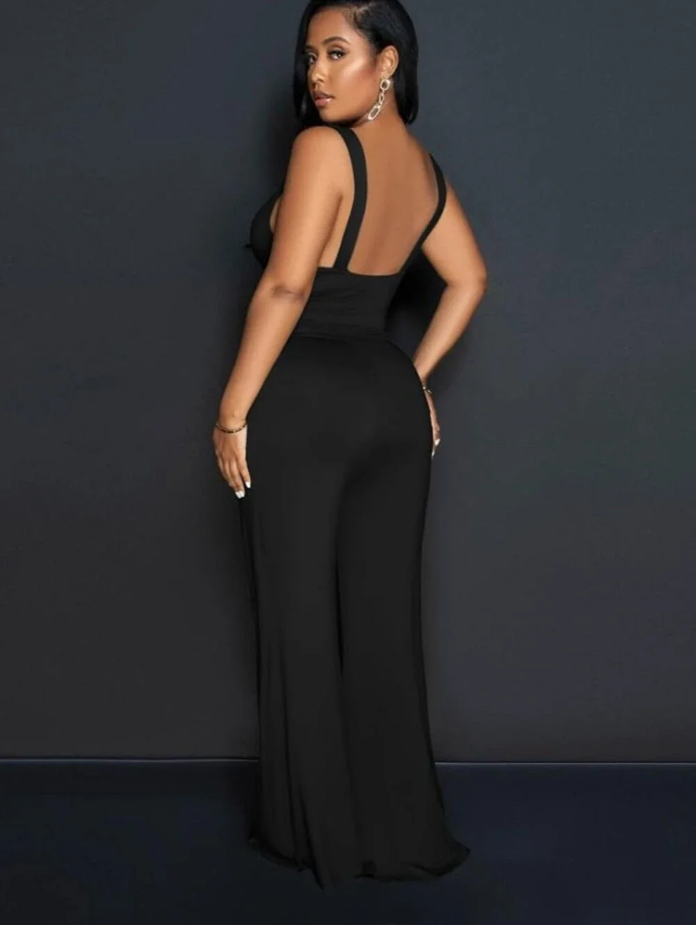 Elegant Sleeveless Sexy V Neck Casual Long Wide Leg Pants Belt, Medium, Black - Picture 3 of 9
